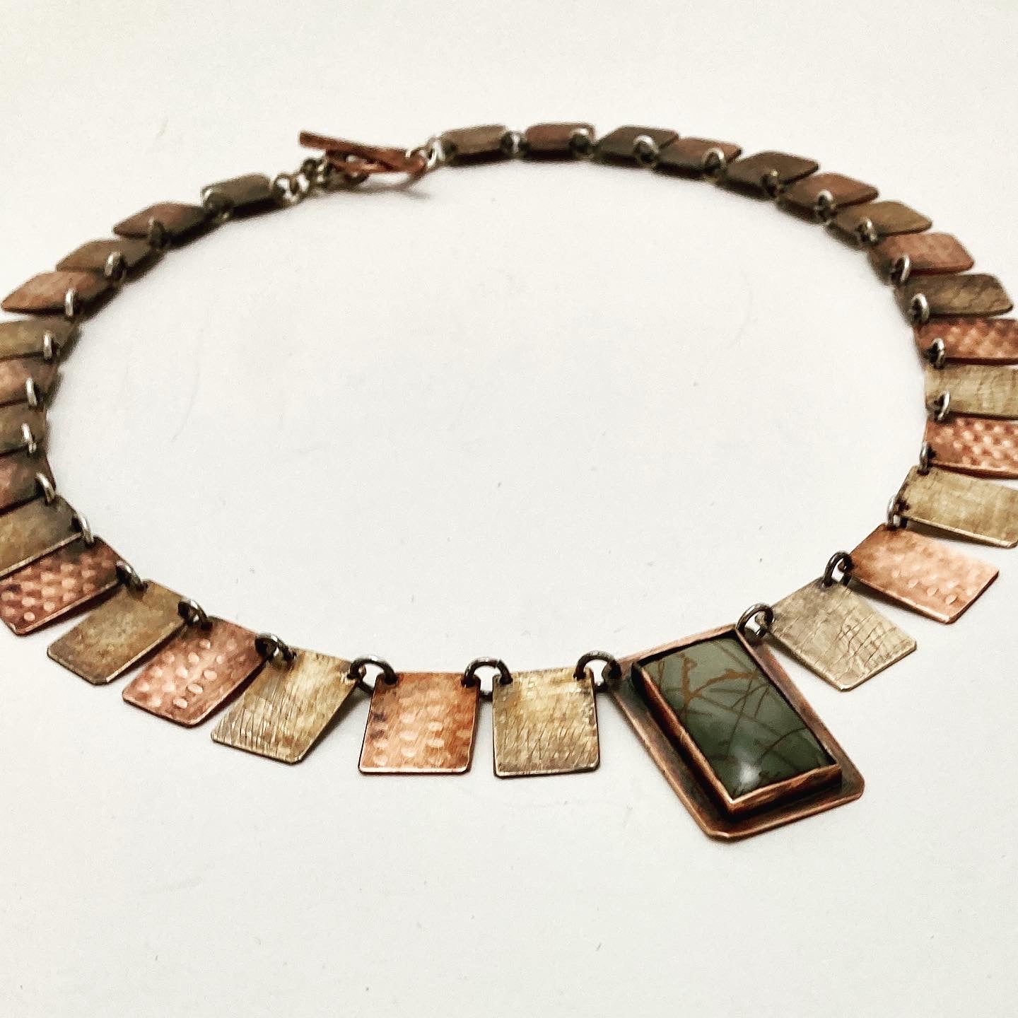 copper and bronze necklace with rectangle tree jasper stone