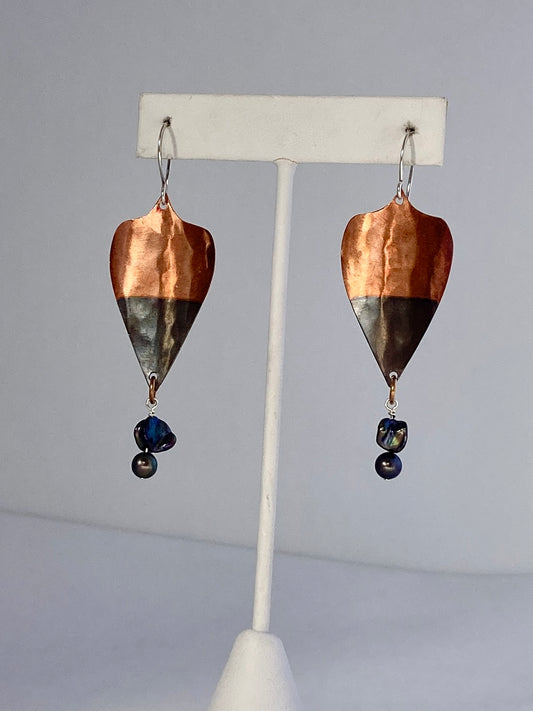 Copper Earrings with Black Pearls