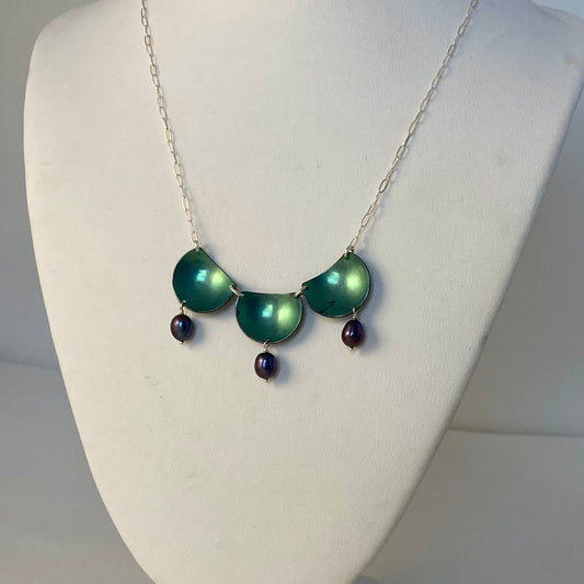 Eggplant and Teal Titanium with Peacock Pearl Necklace