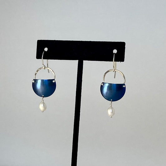 Blue Titanium, Sterling Silver, White Freshwater Pearls