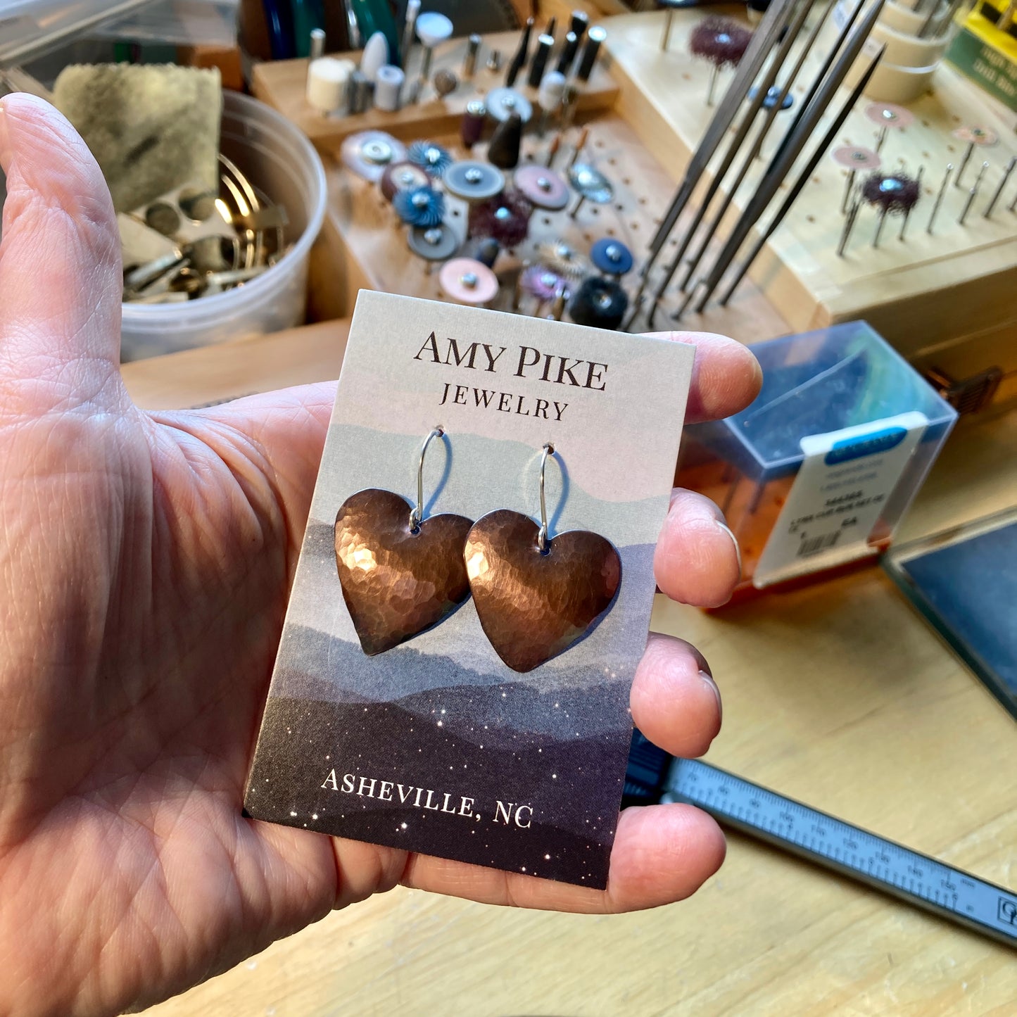 Hand forged Copper heart earrings